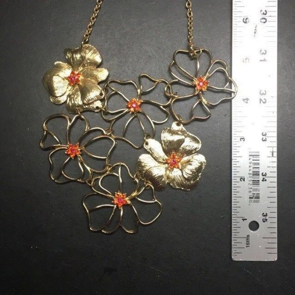Flowers Bib Statement Necklace Orange Rhinestone Gold Chain Wire Detailed Retro - Picture 8 of 9